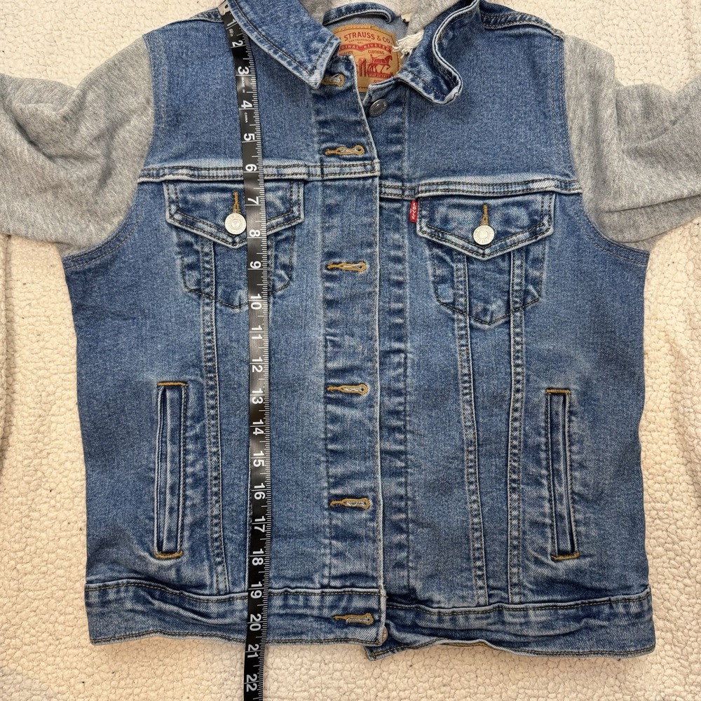 Levi's Hybrid Trucker Jean Jacket Women's Medium Hooded Denim Button Close Flaw - Picture 9 of 11